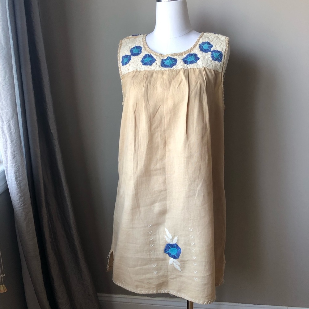 Calypso tan linen floral crochet detailing shift dress L